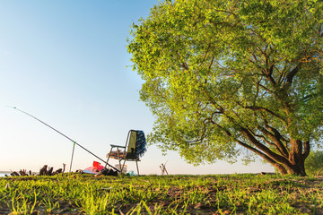 Concept fishing is hobby in open air. Fishing rod and fishing chair on lake shore under large green tree on clear warm day. Fishing place without fisherman. leisure fish on outdoor.