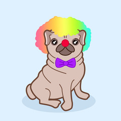 Kawaii illustration of a cute little chubby pug dog in a clown costume with red nose, purple bow and rainbow wig. Let’s go to the circus!