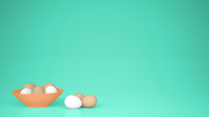 Chicken eggs into a orange cup and on the table, turquoise background with copy space, breakfast easter food concept idea