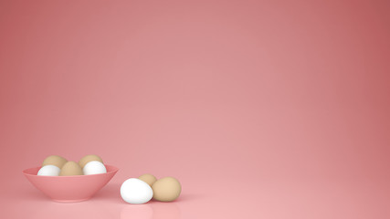 Chicken eggs into a pink cup and on the table, pink background with copy space, breakfast easter food concept idea