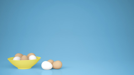 Chicken eggs into a yellow cup and on the table, blue background with copy space, breakfast easter food concept idea