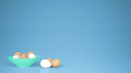 Chicken eggs into a turquoise cup and on the table, blue background with copy space, breakfast easter food concept idea