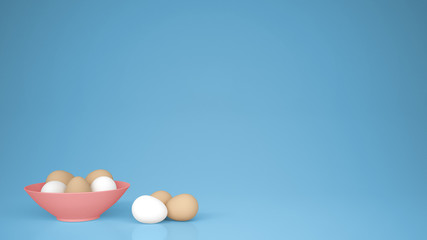 Chicken eggs into a pink cup and on the table, blue background with copy space, breakfast easter food concept idea