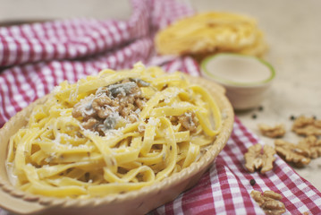 Traditional Tagliatelle with Gorgonzola Cheese, Walnuts and Thyme