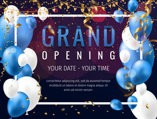 Grand opening invitation concept with blue white balloons. Celebration design. Gold glitter letters on abstract background with light effect and bokeh.