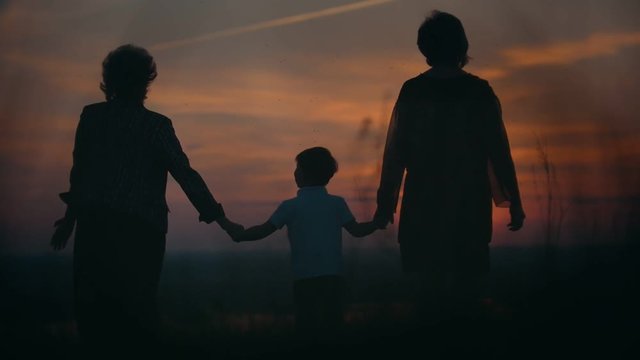 Mother and grandmother with little son walking on the summer field holding hands at sunset