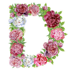 Letter D of watercolor flowers