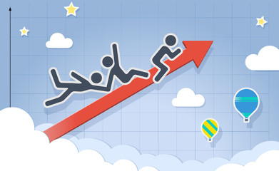 Vector illustration of three stick figures riding graph up to sky.