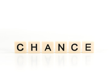 the word CHANCE on plastic boards isolated on white background with copy space