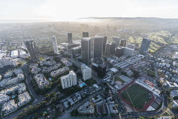 Cityscape aerial view of Century City towers and West Los Angeles in Southern California.