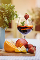 Top view of summer dinks, fruit cocktails on white wood table wi