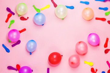 colorful ballons for birthday on pink background , holiday concept