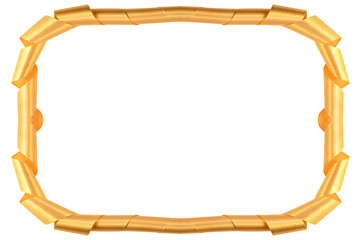 A yellow frame of satin ribbon on a white background, laid out with elongated turns in the form of a rectangle.