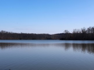 Fototapeta premium The reflection of the trees off the lake water in the morning