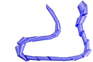 Satin ribbon blue, laid out elongated coils in the form of a silhouette of a boot or boot.