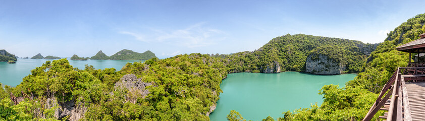 Thale Nai or Blue Lagoon (Emerald Lake) High view panorama beautiful nature landscape green sea in the middle of mountain at Koh Mae Ko island in Mu Ko Ang Thong National Park, Surat Thani, Thailand