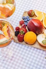 Top view of summer dinks, fruit cocktails on white wood table wi