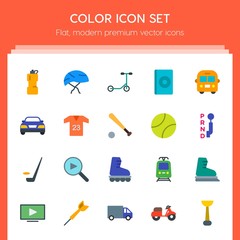 Modern Simple Set of transports, sports, video, buildings Vector flat Icons. Contains such Icons as  dartboard,  media, dvd,  championship and more on red background. Fully Editable. Pixel Perfect