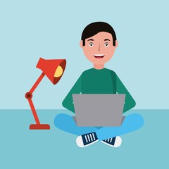 student boy knowledge with laptop learning education vector illustration