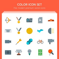 Modern Simple Set of transports, sports, video, buildings Vector flat Icons. Contains such Icons as  cameraman,  circle, target,  bicycle, bow and more on red background. Fully Editable. Pixel Perfect