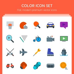 Modern Simple Set of transports, sports, video, buildings Vector flat Icons. Contains such Icons as  bike,  basket,  vehicle,  boat,  airplane and more on red background. Fully Editable. Pixel Perfect