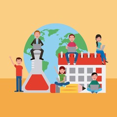 teacher and students sitting in calendar and science tube learning education vector illustration
