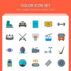 Modern Simple Set of transports, sports, video, buildings Vector flat Icons. Contains such Icons as  sea,  tv,  stadium,  television, ocean and more on red background. Fully Editable. Pixel Perfect