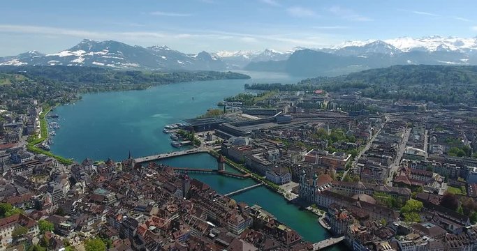 Beautiful aerial shot of the old cityof Lucerne and the Alps