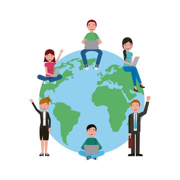 learning education students sitting on globe world vector illustration