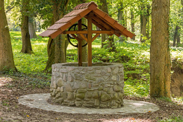 a stone well with a roof in the middle of a forest