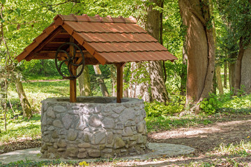 a stone well with a roof in the middle of a forest