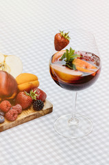 Top view of summer dinks, fruit cocktails on white wood table wi