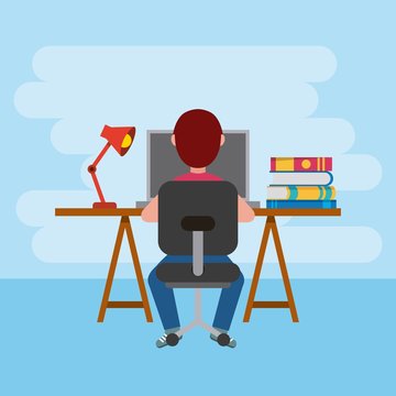 Back View Student Boy Learning At Desk With Computer And Books Vector Illustration