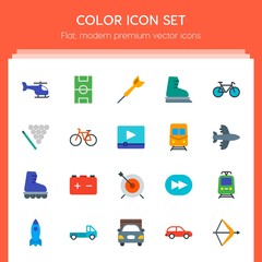 Modern Simple Set of transports, sports, video, buildings Vector flat Icons. Contains such Icons as  city, rewind,  arrow,  dart,  spaceship and more on red background. Fully Editable. Pixel Perfect