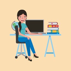 smiling student girl with computer books at desk learning vector illustration