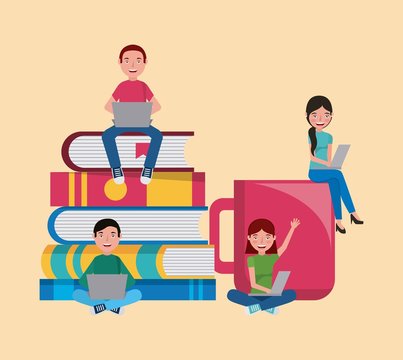 group students with books and coffee cup learning vector illustration