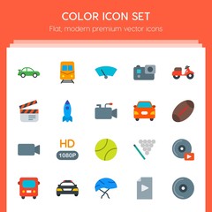 Modern Simple Set of transports, sports, video, buildings Vector flat Icons. Contains such Icons as  police,  race,  tv,  underground,  wiper and more on red background. Fully Editable. Pixel Perfect