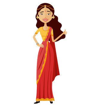 Glad young indian woman showing thumbs up vector cartoon flat isolated on white background