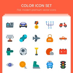 Modern Simple Set of transports, sports, video, buildings Vector flat Icons. Contains such Icons as  film,  battery,  football,  sedan, soccer and more on red background. Fully Editable. Pixel Perfect