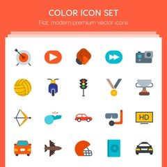 Modern Simple Set of transports, sports, video, buildings Vector flat Icons. Contains such Icons as  dartboard,  home,  automobile,  sport, hd and more on red background. Fully Editable. Pixel Perfect