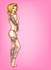 Fototapeta premium Vector pop art illustration of sexy tattooed girl with blonde hair, standing naked and covering herself with hands isolated on pink dotted background. Fashion model of body-art, tattoo hobby concept
