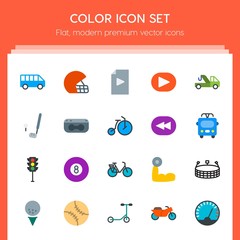 Modern Simple Set of transports, sports, video, buildings Vector flat Icons. Contains such Icons as  billiard,  public,  speedometer,  shirt and more on red background. Fully Editable. Pixel Perfect