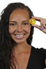 Woman holding Bitcoin