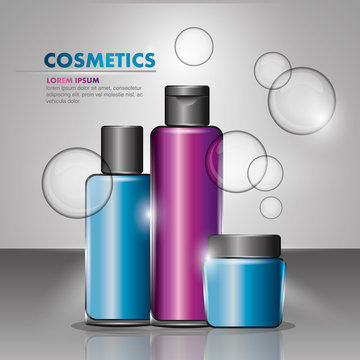 cosmetics bottle containers products beauty bubbles vector illustration
