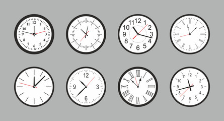 Set of white Round wall clock. flat style. isolated on gray background