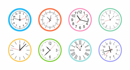 Set of Colorful Round wall clock. flat style. isolated on white background