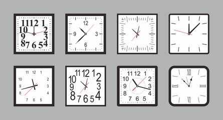 Set of white Square wall clock. flat style. isolated on gray background