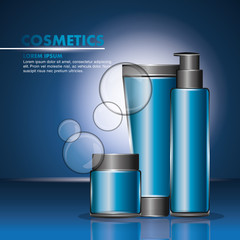 cosmetics bottle with dispenser for cream tube lotion blue blurred background vector illustration