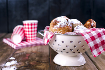Home-made baking sugar powder. Banner. Copy space. Traditional Dutch sweets. Calory meal for a picnic