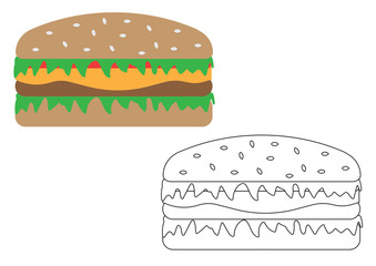 Hamburger cartoon. Coloring page for children. Leisure activity. Vector illustration.